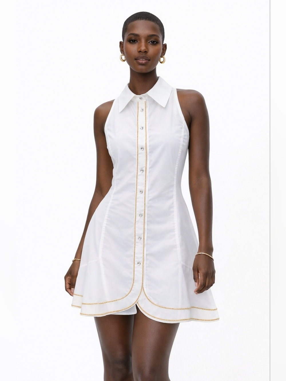 La Perla White Sleeveless Shirt Dress Gold Trim Crystal Buttons 44/8 wedding